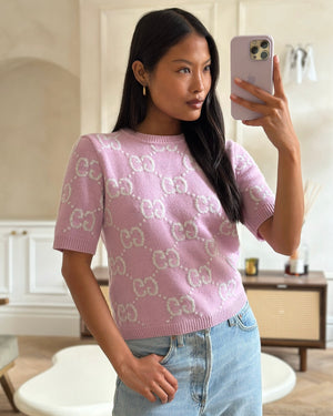 Gucci Pink GG Print Short Sleeve Knit Top Size S - IT 40 (UK 8)