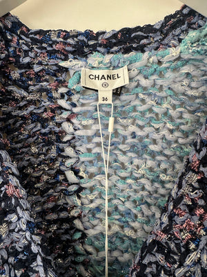 Chanel 23P Aqua Blue Metallic, Navy White Crochet Knit Oversized Cardigan with Silver Logo Crystal Buttons Size FR 36 (UK 8)