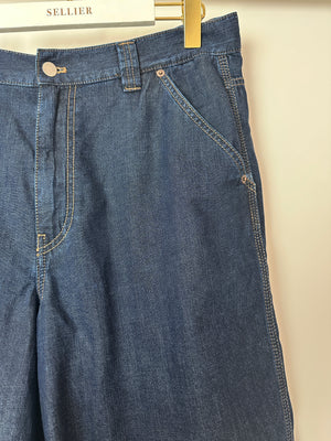 Prada Men's Dark Blue Light Denim Shorts with Logo Detail On The Back Pocket Size 34