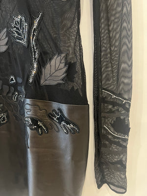 Jitrois Black Leather and Mesh Mini Dress with Crystal Embellished Suede Appliques Size FR 36 (UK 8)