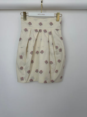 Christian Dior Cream and Pink Floral Print High-Waisted Mini Skirt with Pleated Detail Size FR 34 (UK 6)