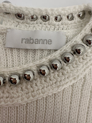Paco Rabanne White Knitted Long Sleeve Dress with Silver Studs Detail Size M (UK 10)
