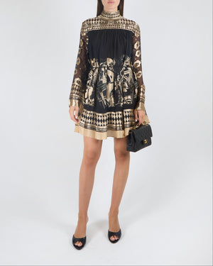 Zimmermann Fall 2024 Black Illustration Otto Mock-Neck Tunic Mini Dress with Gold Vintage- Inspired Print and Belt Size 0 (UK 8) RRP £2,000