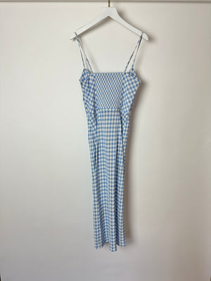 Realisation Blue & White Gingham Mini Pencil Dress with Spaghetti Strap Detail Size XS (UK 6) RRP £230