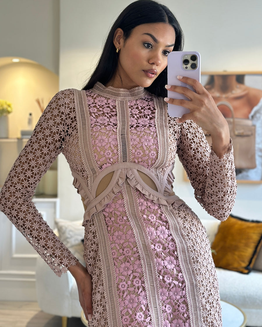 Self Portrait Pink and Beige Lace Mini Dress with Corset and See Through Details IT 40 (UK 8)