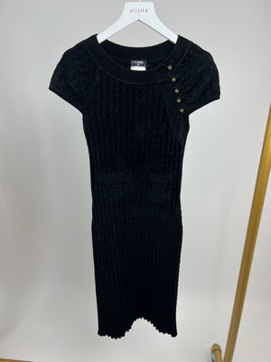 Chanel 10A Black Velour Cap Sleeve Mini Dress with Pockets and Logo Buttons Size FR 36 (UK 8) RRP £1,215