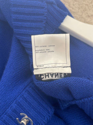 Chanel Cobalt Blue Cashmere Long Cardigan with Silver CC Logo Buttons Size FR 34 (UK 6)