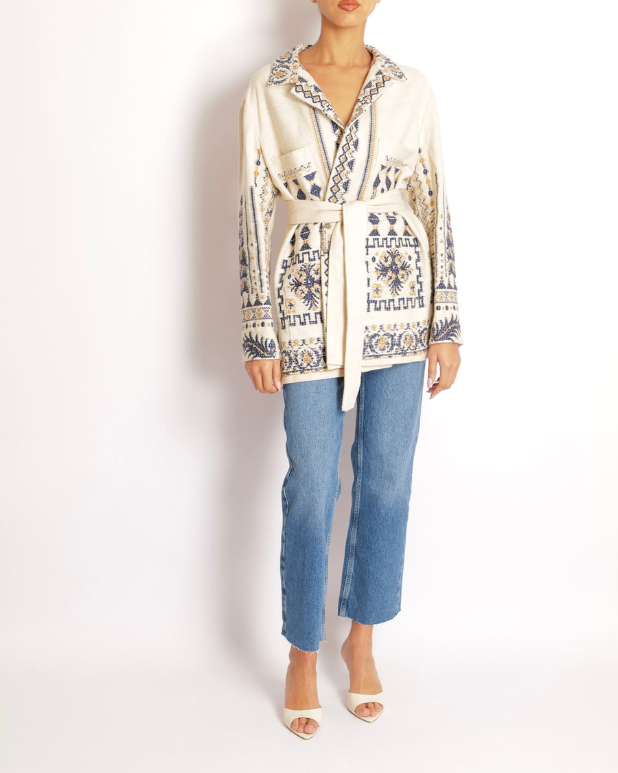 Etro Beige and Navy Aztec Belted Jacket with Abstract Print Details Size IT 48 (UK 16)