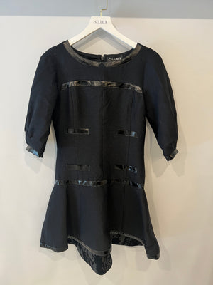 Chanel Black Mini Dress with Patent Leather Effect Trim Details and Globe CC Logo Button Size FR 34 (UK 6)