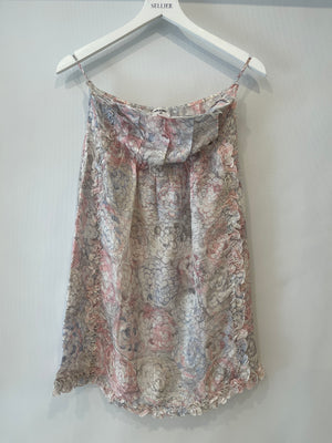 Chanel Cruise 2010 White and Pink Silk Floral Sleeveless Mini Dress with Ruffle and Camelia Details Size FR 38 (UK 10)