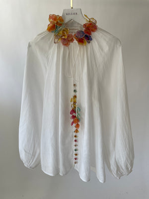 Zimmermann Linen White Long-Sleeve Blouse with Multi-Colour Butterfly Detail Size 0 (UK 8)