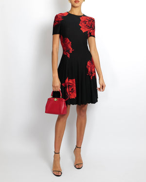 Alexander McQueen Black Short-Sleeve Dress with Red Floral Prints Size IT 40 (UK 8)