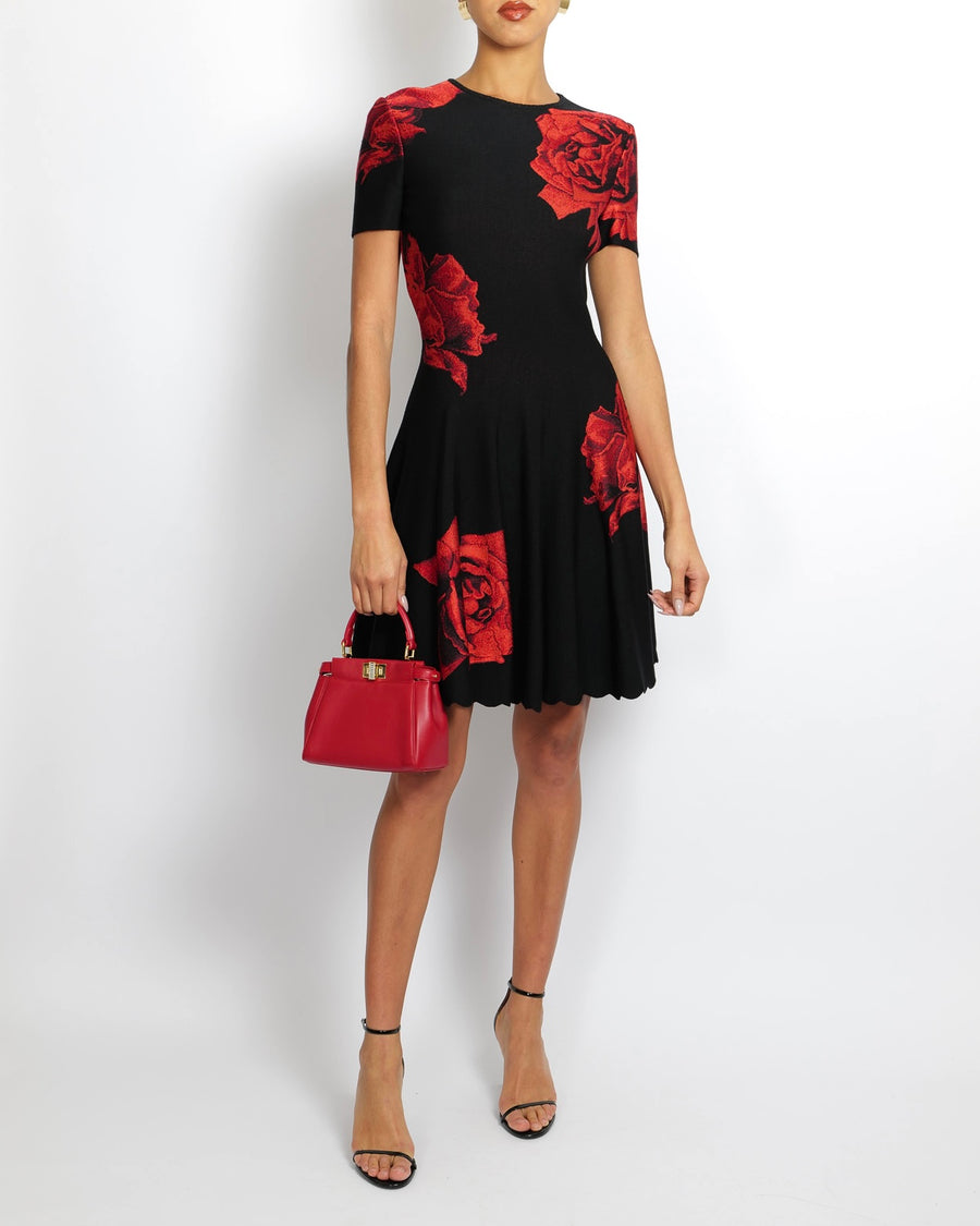 Alexander McQueen Black Short-Sleeve Dress with Red Floral Prints Size IT 40 (UK 8)