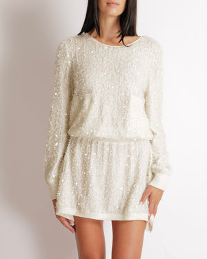 Chanel Cream Angora Wool Sequin Embellished Mini Dress with Metallic Waistband Detail and White and Silver CC Logo Buttons Size FR 38 (UK 10)