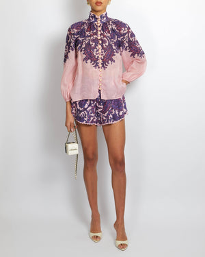 Zimmermann Pink and Purple Ramie Blouse and Linen Shorts Set with Straw Belt and Pink Beaded Buckle Detail Size 0 (UK 8)
