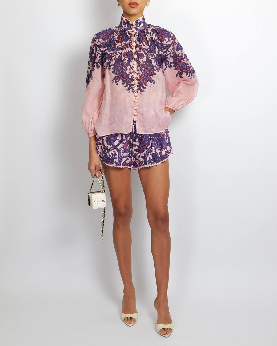 Zimmermann Pink and Purple Ramie Blouse and Linen Shorts Set with Straw Belt and Pink Beaded Buckle Detail Size 0 (UK 8)