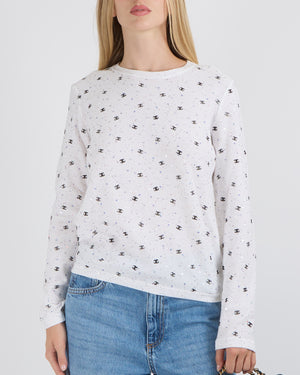 Chanel SS 2020 Runway White Knit Long-Sleeved Top with Black CC Logos and Multi-Colour Micro Sequin Embellishments Size FR 36 (UK 8)