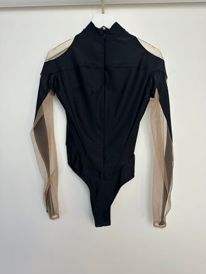 Mugler Black & Nude Mesh Mid-Neck Long Sleeve Bodysuit Size FR 36 (UK 8)