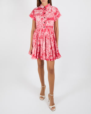 Christian Dior Pink Dioriviera Toile De Jouy Printed Short-Sleeved Mini Dress with Pleated Skirt and Black Buttons Size FR 36 (UK 8) RRP £2,500