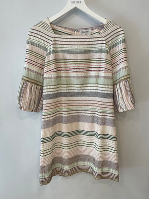 Chanel 07/P White and Multicolour Short Sleeve Striped Mini Dress with Gold Chain and CC Logo Details Size FR 38 (UK 10)