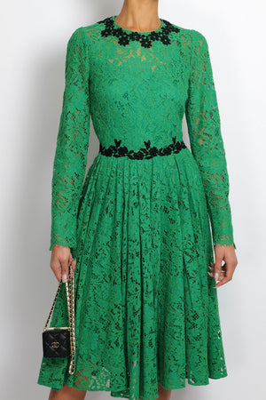 Dolce & Gabbana Apple Green Lace Midi Dress with Black Floral Collar and Waist Detail Size IT 42 (UK 10)