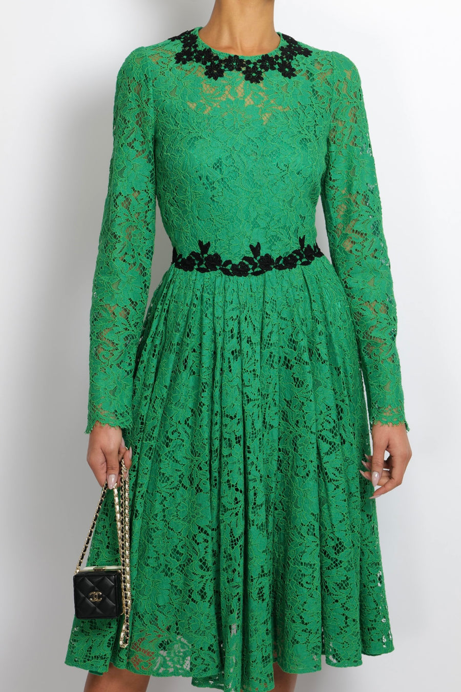 Dolce & Gabbana Apple Green Lace Midi Dress with Black Floral Collar and Waist Detail Size IT 42 (UK 10)