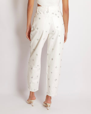 Chanel White Straight Leg High-Waisted Jeans with Turquoise, Lilac, and Silver Metallic CC Logos and Silver Button Detail Size FR 34 (UK 6)