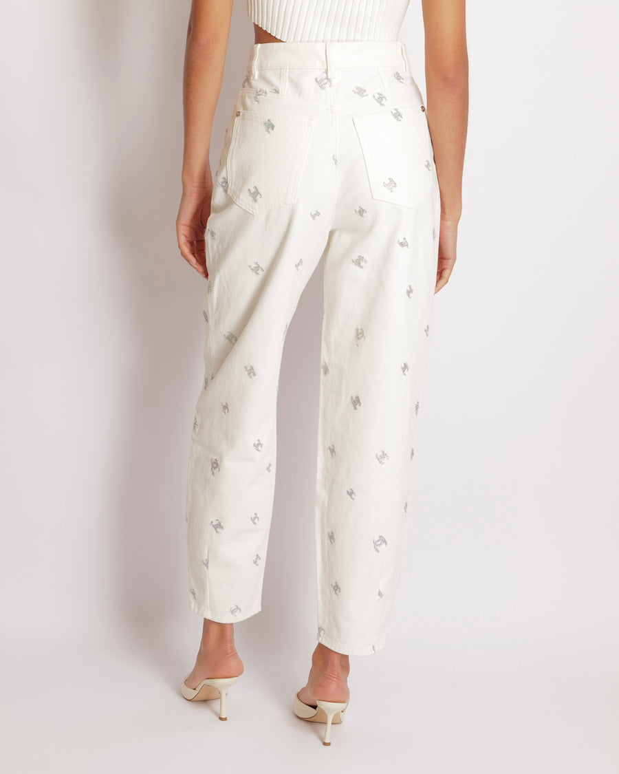 Chanel White Straight Leg High-Waisted Jeans with Turquoise, Lilac, and Silver Metallic CC Logos and Silver Button Detail Size FR 34 (UK 6)