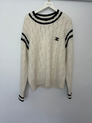 Chanel 22C Two-tone Distressed Cashmere Blend Argyle Pointelle CC Logo Pullover Sweater Size 38 (UK 10)