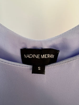 Nadine Merabi Lilac Satin Sleeveless Mini Dress With Feather Hem Detail Size Small (UK 8)