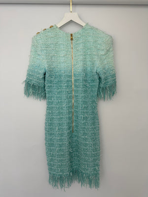 Balmain Light Blue Short Sleeve Tweed Short Dress with Fringes & Gold Buttons Detail Size FR 38 (UK 10)