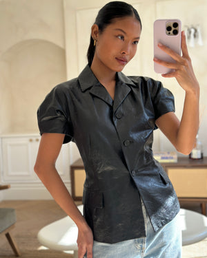 Christian Dior Black Distressed Lambskin Leather Short-Sleeve Top with CD Logo Detail Size FR 42 (UK 14)