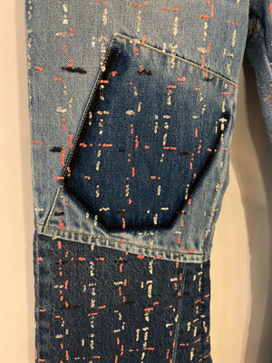 Chanel Métiers d'Art 2023 Denim Patchwork Jeans with Pink, Silver and Black Micro Sequin Details and Silver CC Logo Button Size FR 34 UK 6