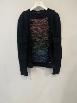 Chanel Fall 2017 Black and Multi-Colour Wool Knit Jumper with Metallic and Sequin Embellished Embroidery with Silver CC Logo Button Detail Size FR 36 (UK 8)