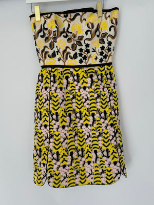 Giambattista Valli Lace & Floral Embroidery Yellow, Pink, Black Strapless Mini Dress size IT 40 (UK 8)