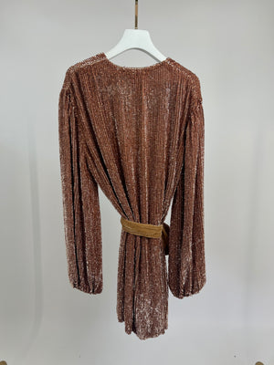 RETROFÊTE Tan Sequin Wrap Dress with Velvet Belt Detail FR 34 (UK 6)