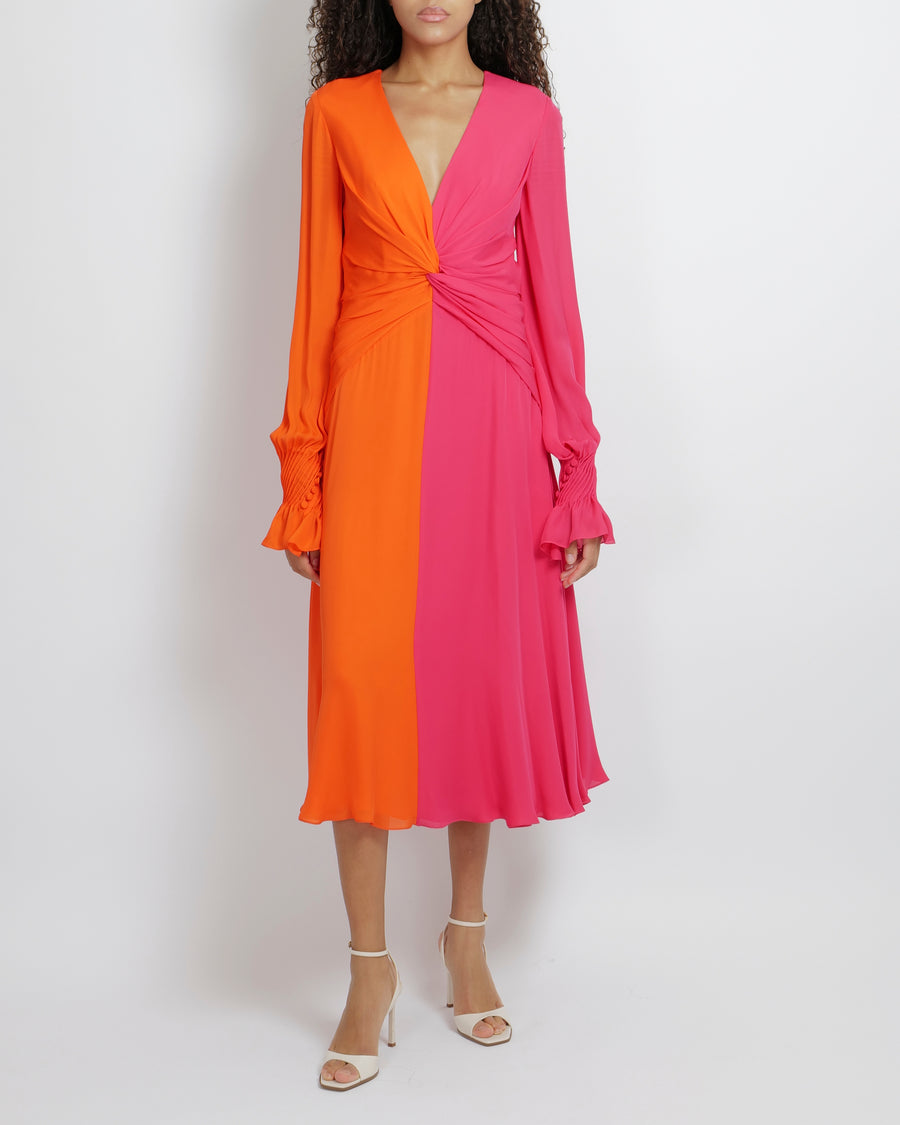open lace back dress Carolina Herrera Hot Pink and Orange Silk Midi Dress with Front Knot D –  Sellier