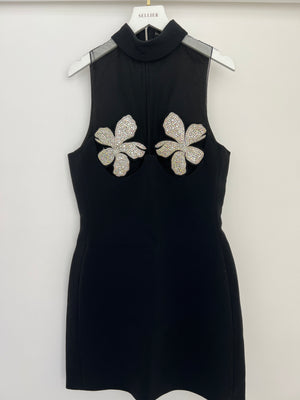 David Koma Black Mini Dress with Tulle Halter Neck & Floral Embellishments Details Size UK 10