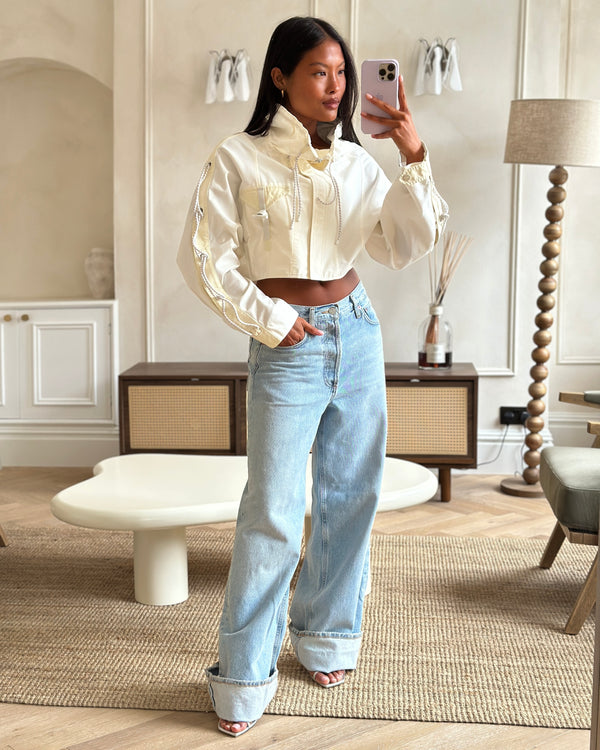 Hermès White and Ivory Cropped Oversize Jacket with String and Pocket Detail Size FR 38 (UK 10)