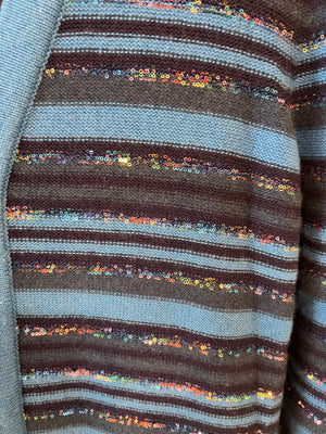 Chanel 20C Blue and Navy Cashmere Striped Long Cardigan with Multicolour Sequins Detail and Silver Camelia CC Buttons Size FR 36 (UK 8)