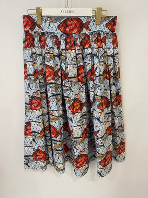Dolce & Gabbana Baby Blue and Red Fish Printed Cotton Midi Skirt Size IT 42 (UK 10) RRP £985