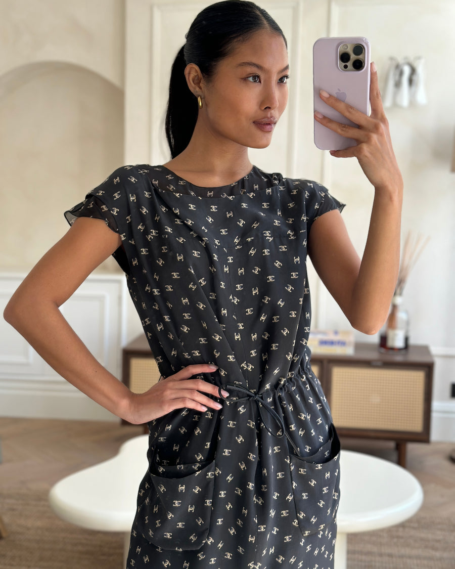 Chanel 2012 Black CC Logo Short Sleeve Midi Dress with Waist Tie Detail Size FR 34 (UK 6)