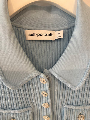 Self Portrait Baby Blue and Sequin Knitted Ribbed Mini Dress with Pearl and Crystal Embellished Buttons Size M (UK 10)