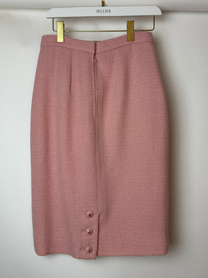 Chanel 93C Pink Tweed Skirt and Jacket Set with Logo Buttons and Pocket Detail FR 38 (UK 10)