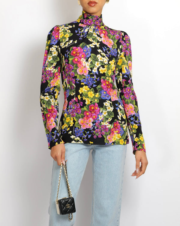 Dolce & Gabbana Black Silk Long-Sleeved Top with Multi-Colour Floral Print Size IT 40 (UK 8)