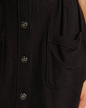 Chanel Black Short-Sleeved Mini Dress with Gathered Waist and Silver and Black Quilted CC Logo Buttons Size FR 38 (UK 10)