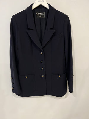 Chanel Vintage Navy Jacket with Black and Gold CC Buttons and Pocket Detail Size FR 38/40 (UK 10/12)