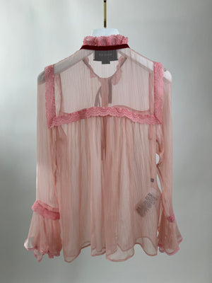 Gucci Pink Silk Pearl Button Down Shirt with Crochet Trim Detailing IT 36 (UK 4)