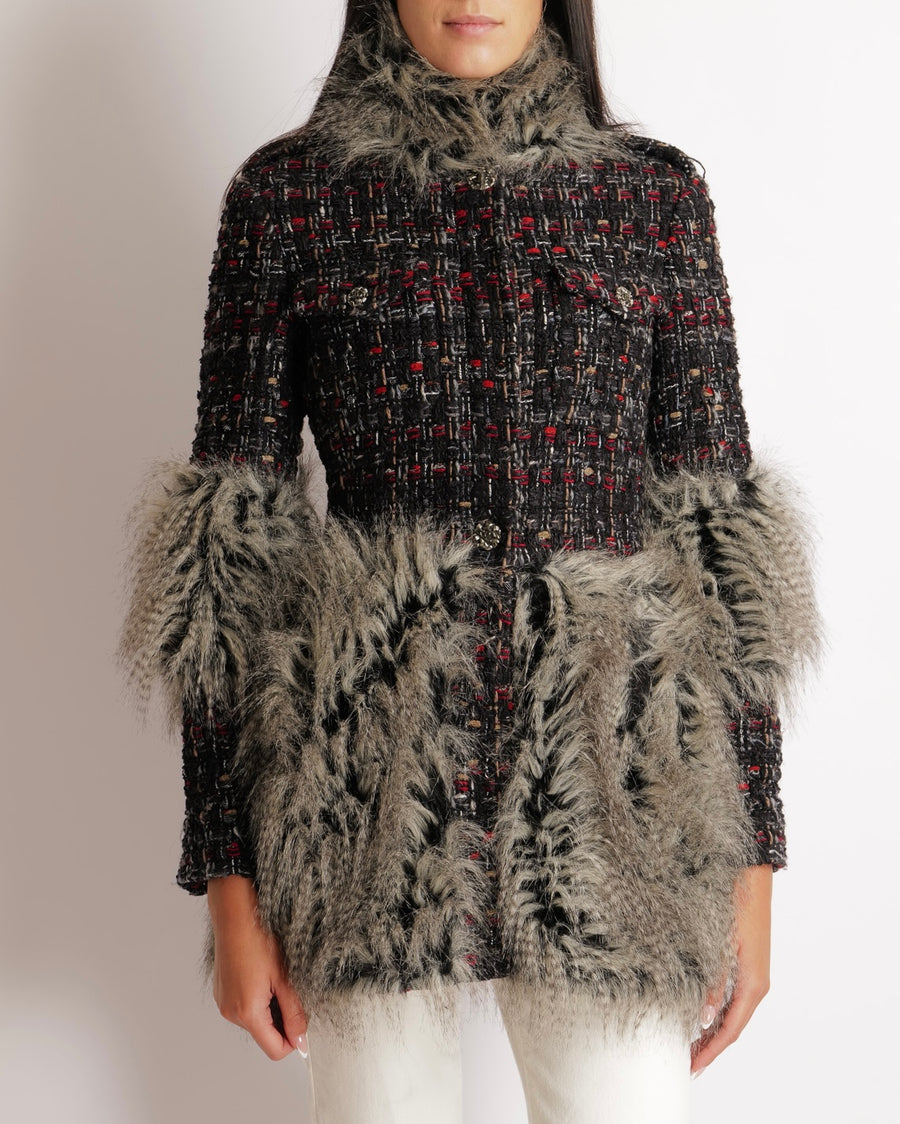 Chanel Fall 2010 Black, Grey and Red Tweed Jacket with Grey Faux Fur Sleeves and Trims and Black and Silver CC Logo Buttons Size FR 38 (UK 10)