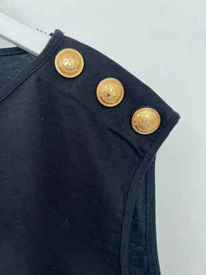 Balmain Black Cotton T-shirt with Gold Logo & Buttons Detail Size FR 38 (UK 10)
